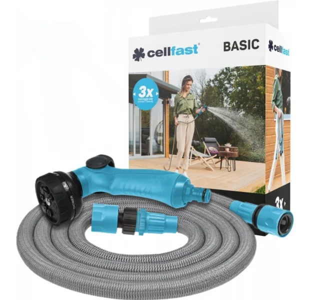 Набір для поливу Cellfast BASIC, в комплекті шланг 5-15 м, що розтягується, зрошувач, комплект підключення 1/2-3/4
