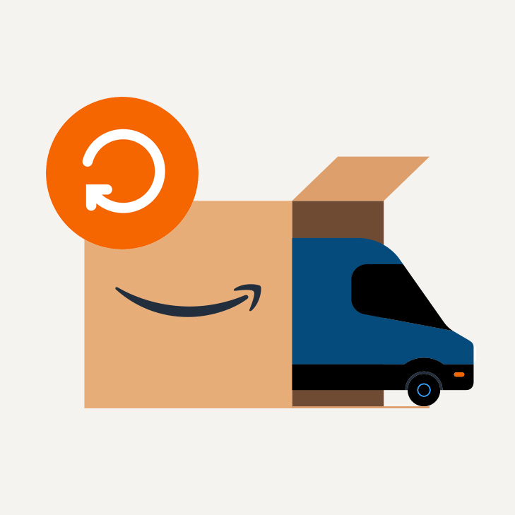 Illustration of an Amazon delivery truck emerging from a box with a return indicator on it.