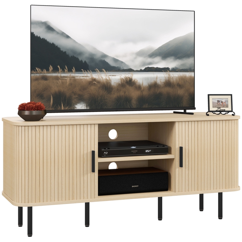 HOMCOM Mesa de TV con 2 Puertas Correderas Tipo Persiana 2 Estantes 
Abiertos para Televisores de 55 Pulgadas 120x40x55 cm Roble