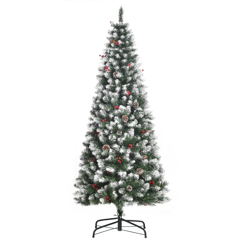 HOMCOM Árbol de Navidad Artificial de 180cm 618 Ramas Bayas y Piñas 
Puntas Nevadas Decoración Navideña de Interior Verde