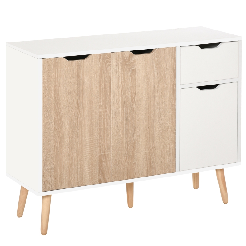 HOMCOM Aparador Moderno Aparador para Salón con 3 Puertas y Cajón 
Mueble Auxiliar para Salón Cocina Dormitorio 90x30x72 cm Blanco y Natural