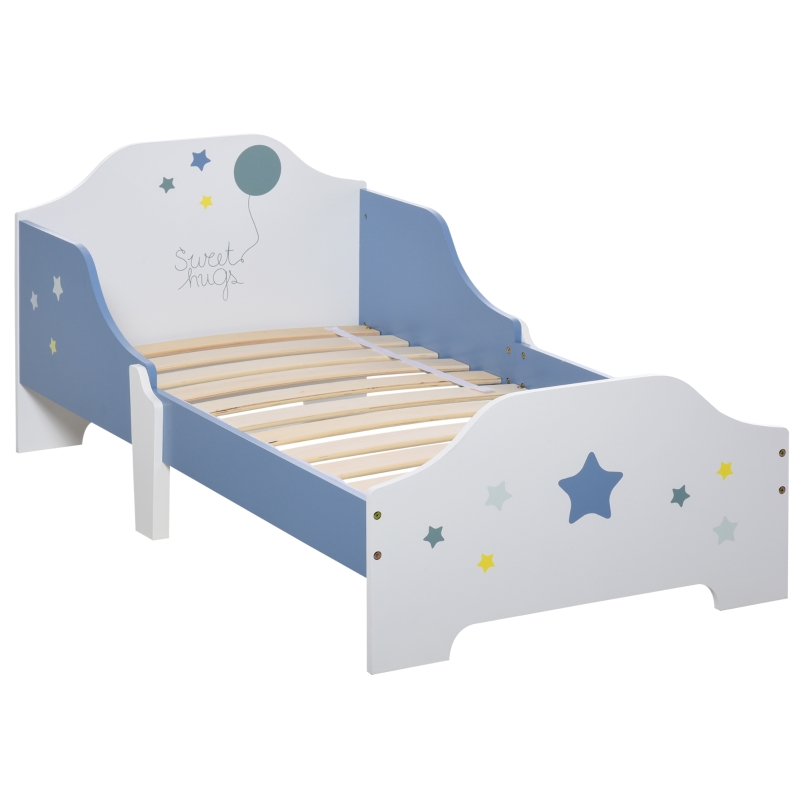 HOMCOM Cama para Niños de +3 Años 143x74x59 cm Cama Infantil de Madera 
con Estampado con Estrellas Carga 50 kg Azul y Blanco