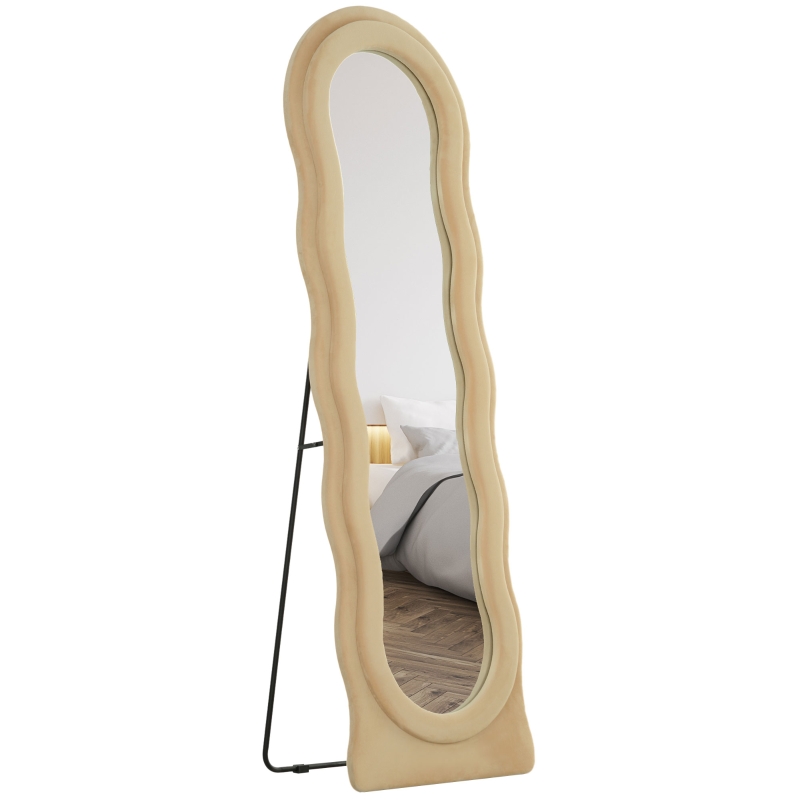 HOMCOM Espejo de Cuerpo Entero 160x50 cm Diseño Ondulado Marco con Tela 
de Terciopelo para Salón Dormitorio Beige