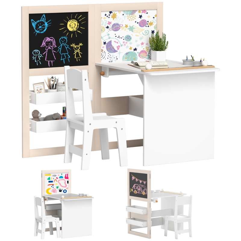 AIYAPLAY Mesa Infantil con Silla y Caballete Plegable Mesa para Niños 
de +3 Años con Estantes y Rollo de Papel Blanco