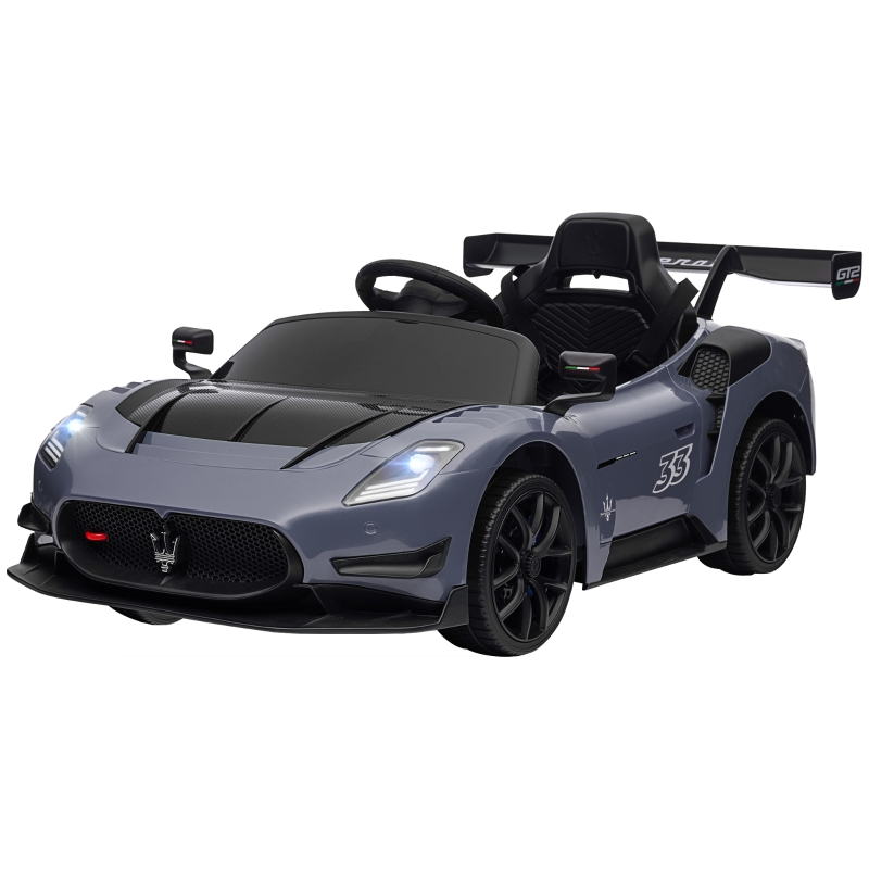 AIYAPLAY Coche Eléctrico para Niños de +3 Años Maserati GT2 con Mando 
a Distancia Faros LED Bocina Música Ruedas Auxiliares Gris