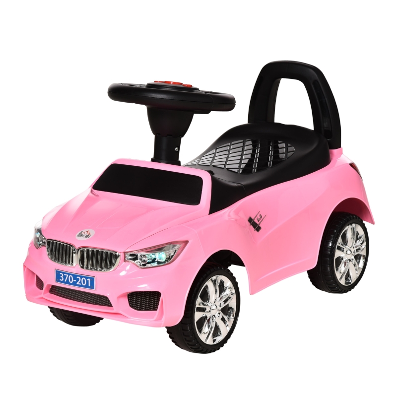 HOMCOM Coche Correpasillos para Niños de 18-36 Meses con Faros Música 
Bocina Volante Espacio de Almacenaje y Asa para Empujar 63,5x28x36 cm Rosa