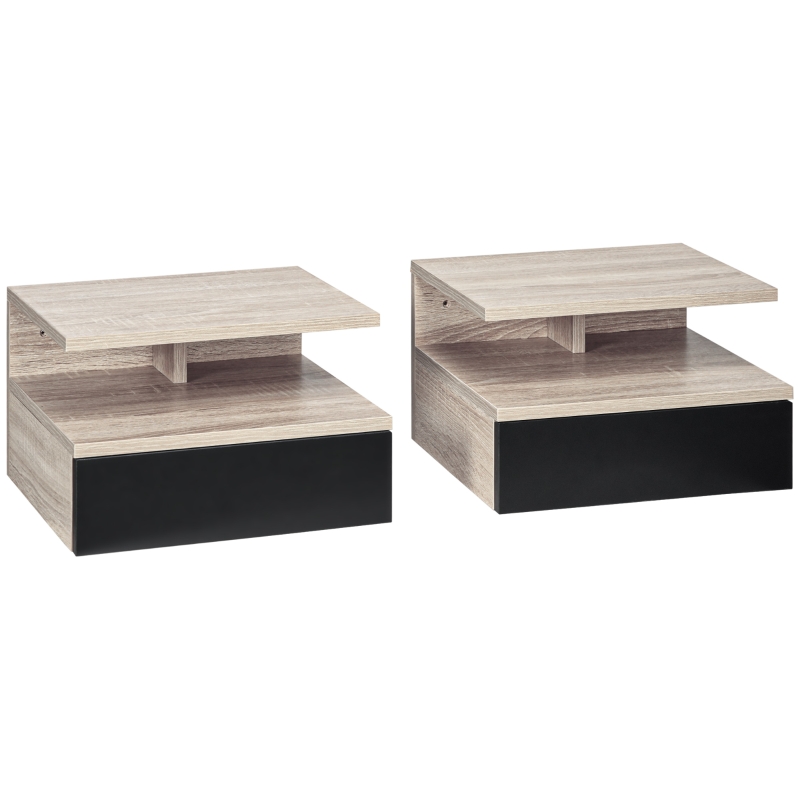 HOMCOM Set de 2 Mesitas de Noche Flotantes con 1 Cajón y Estante 
Abierto Diseño Moderno Montado en la Pared 35x32x22,5 cm Roble y Negro