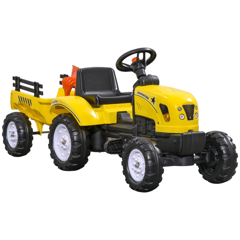 HOMCOM Tractor a Pedales para Niños a partir de 3 Años con Remolque y 
2 Herramientas Carga 35 kg 133x42x51 cm Amarillo