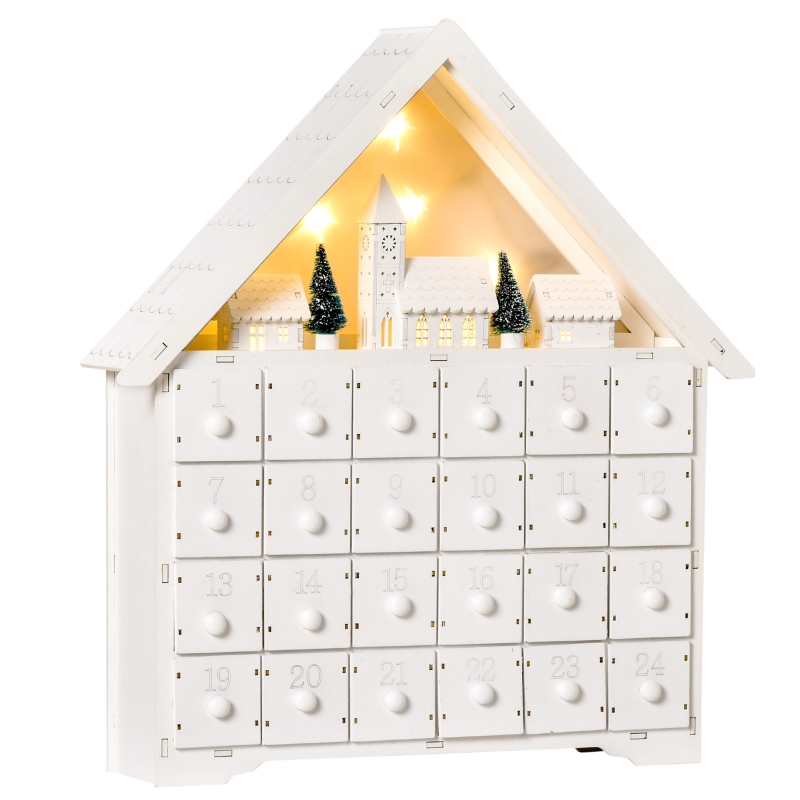 HOMCOM Calendario de Adviento de Navidad Madera con 24 Cajones y Luces 
LED Decoración Navideña Modelo Casita 39x9x42 cm Blanco