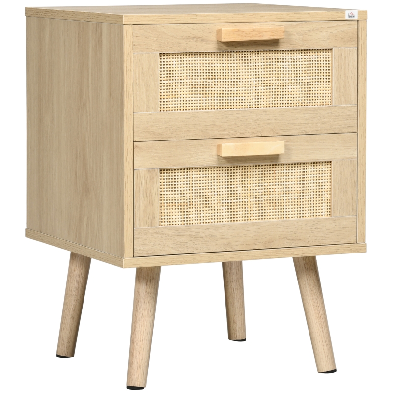 HOMCOM Mesita de Noche Estilo Cannage Mesilla de Noche con 2 Cajones y 
Patas de Madera para Salón Dormitorio 40x40x56cm Natural