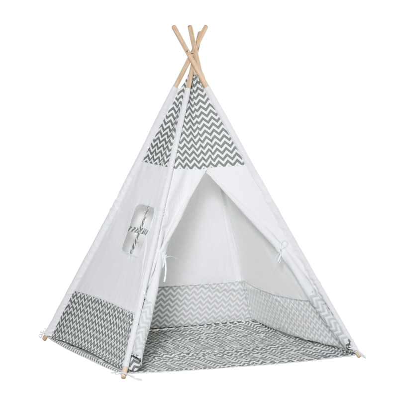 HOMCOM Tienda de Campaña para Niños de +3 Años Tipi Infantil de 
Madera Portátil con Ventana Colchoneta y Bolsa de Transporte para Interiores 
y Exteriores 120x120x155 cm Gris