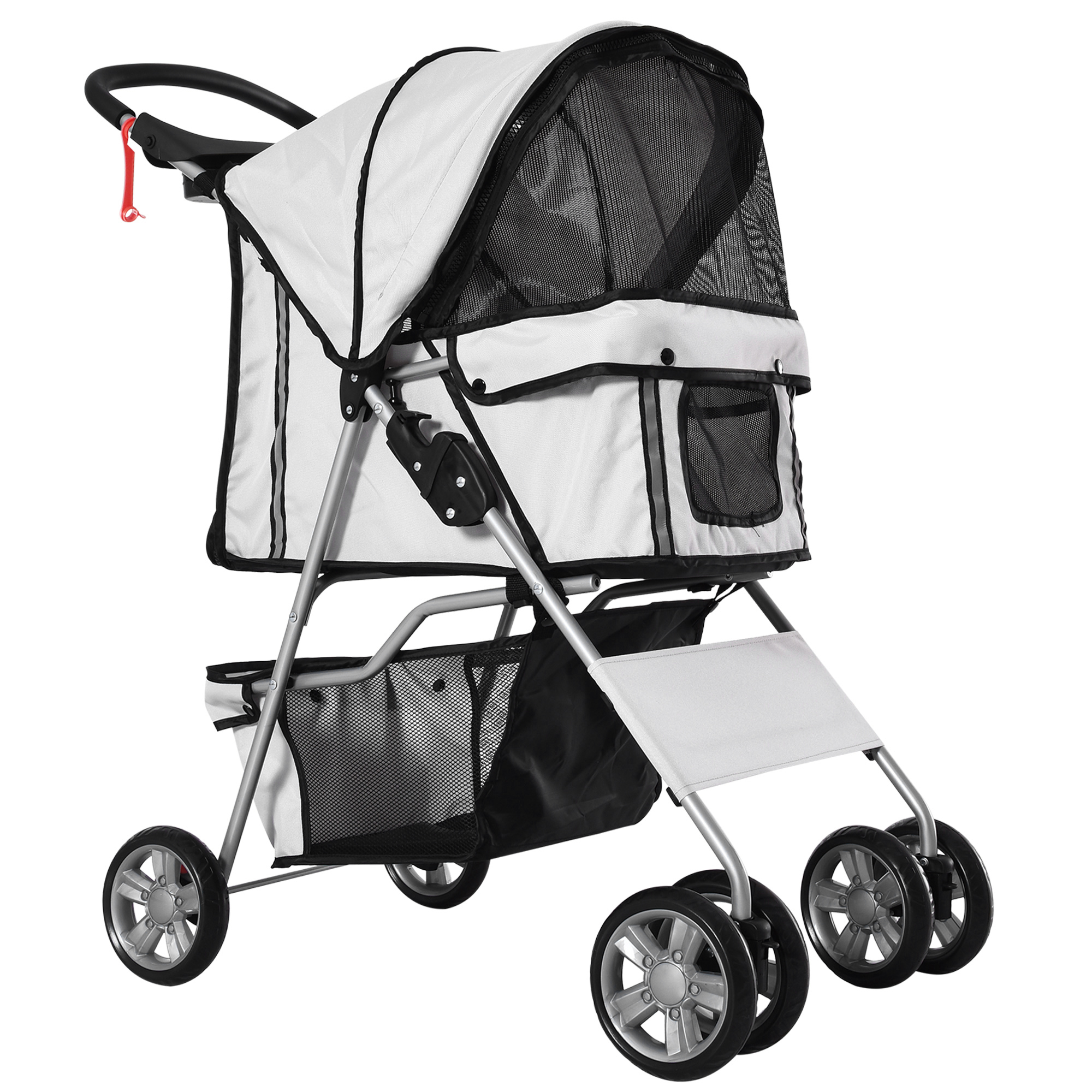 PawHut 
Carrito para Perros Pequeños con Toldo Ajustable Cesta de Almacenaje 
Portavasos y 2 Ruedas Universales 75x45x97 cm Gris