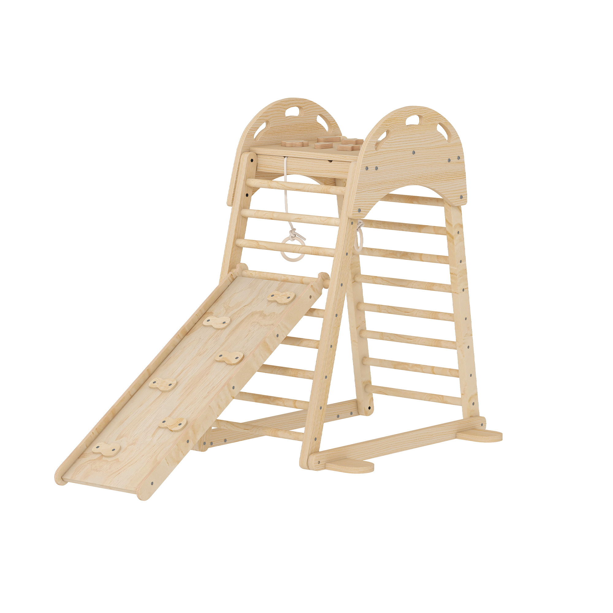 AIYAPLAY 6 en 1 Triángulo de Escalada Montessori con Plataforma y Anillos Estructura de Escalada de Madera con Tobogán Natural