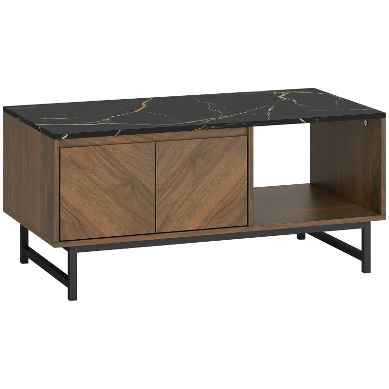 HOMCOM Mesa de Centro, Mesa de Salón, Plataforma de Efecto Mármol, 2 Puertas y 2 Compartimentos Abiertos