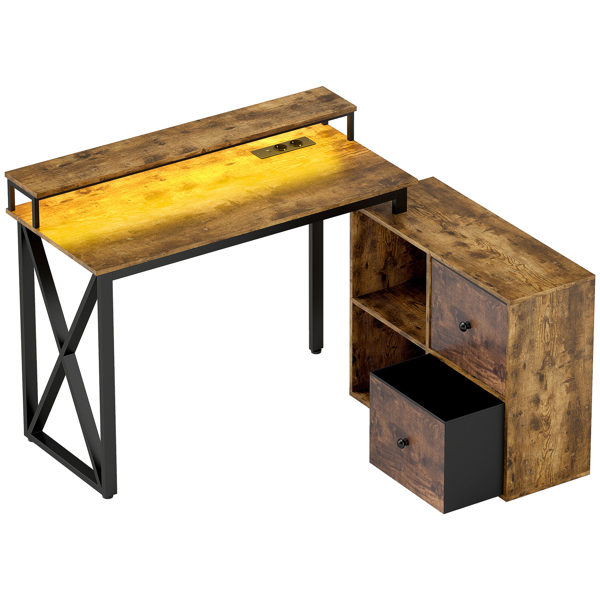 HOMCOM Escritorio Industrial con Luces LED y Estación de Carga con Patas Ajustables y Soporte en X 130x110x91 cm Madera Rústica