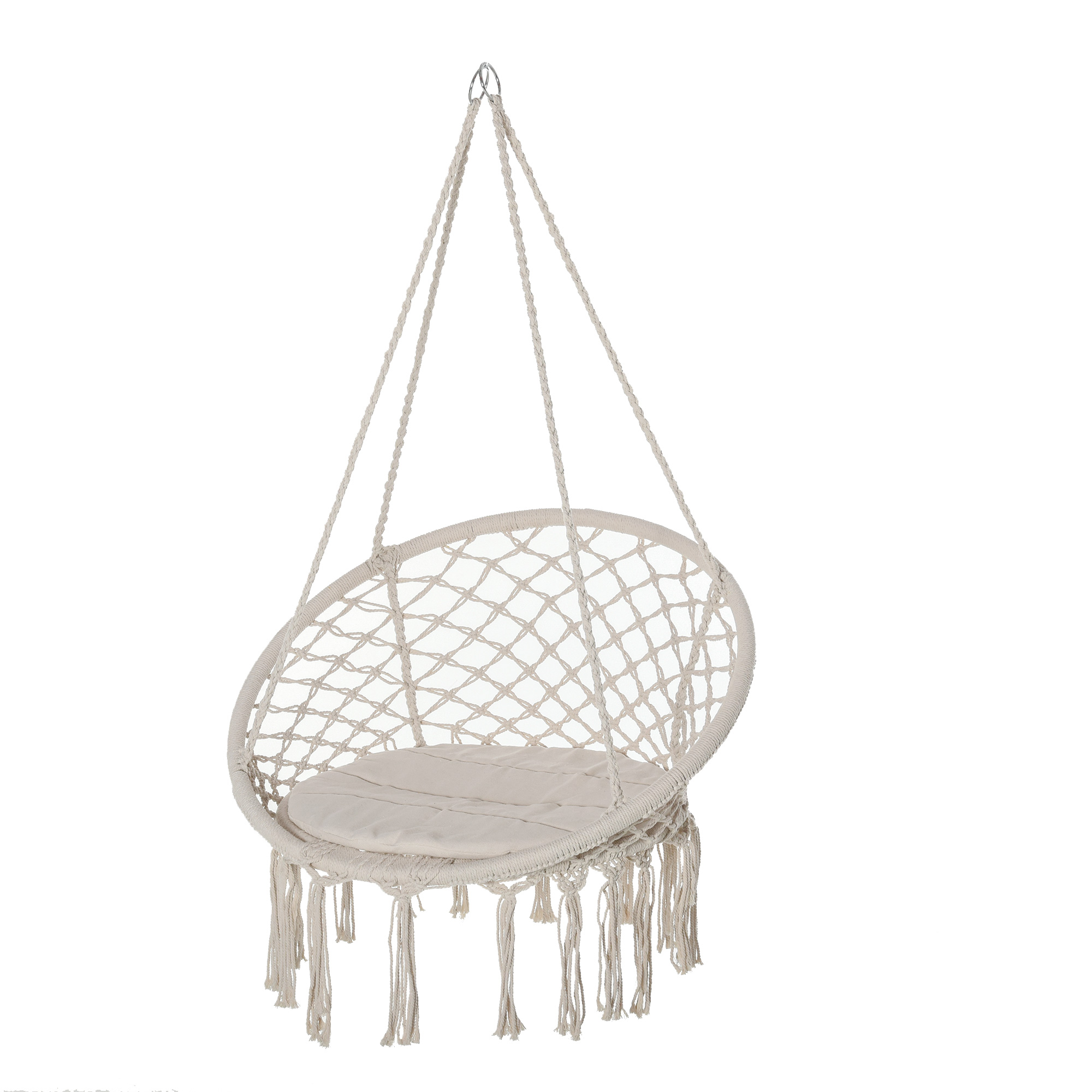 Outsunny Silla Colgante Redondo de Ø60 cm Silla Hamaca Columpio con Cojín y Cuerda de Algodón para Interior y Exterior Carga 120 kg 80x80x42 cm Beige