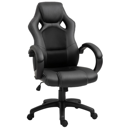 HOMCOM 
Cadeira de Escritório Ergonómica Cadeira de Escritório Giratória com 
Altura Ajustável Encosto Alto Estofado em Couro PU e Malha Transpirável 
71x61x108-118cm Preto