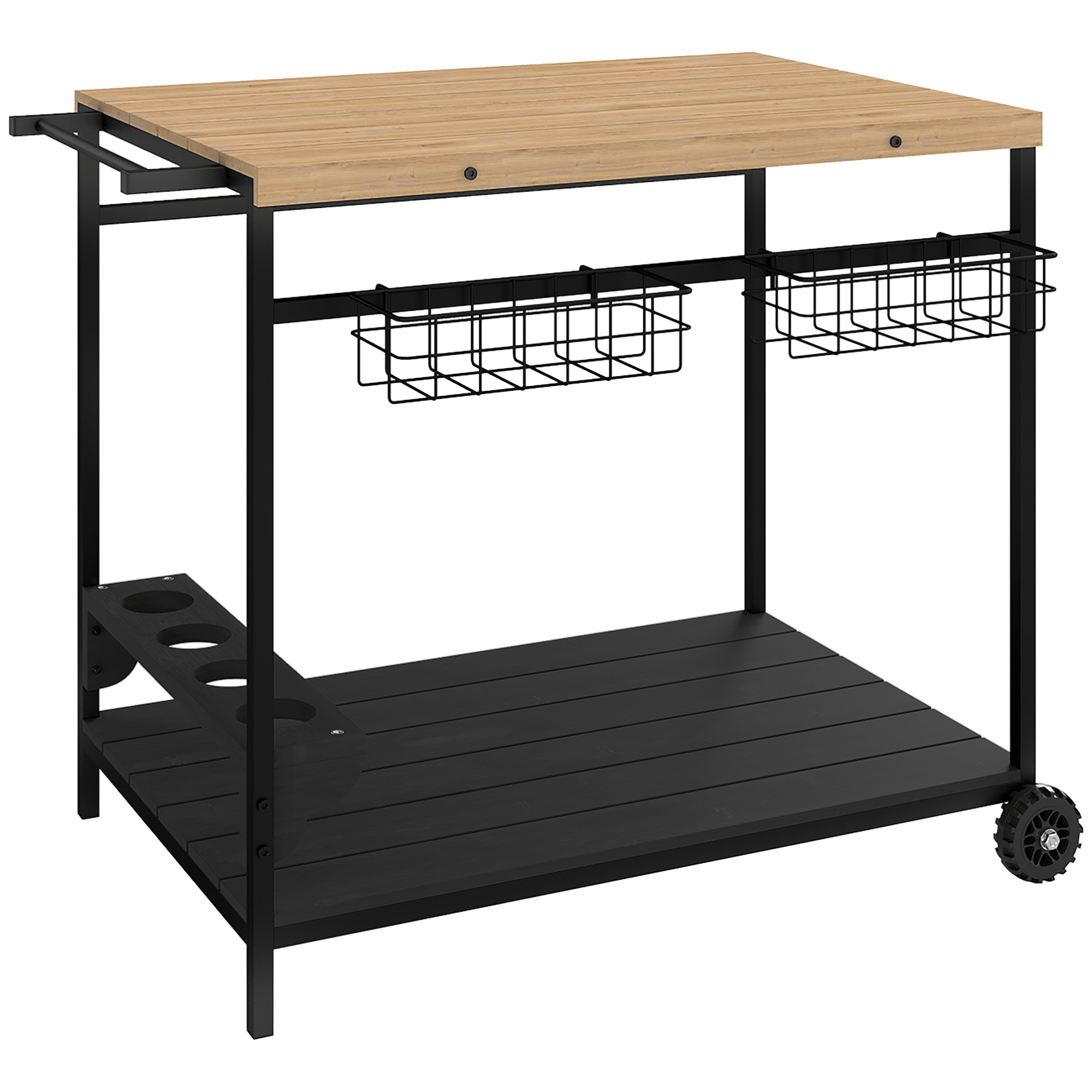 Outsunny Carrinho Auxiliar com Rodas de Madeira com 2 Prateleiras 2 
Cestas Metálicas e Suportes para Garrafas 