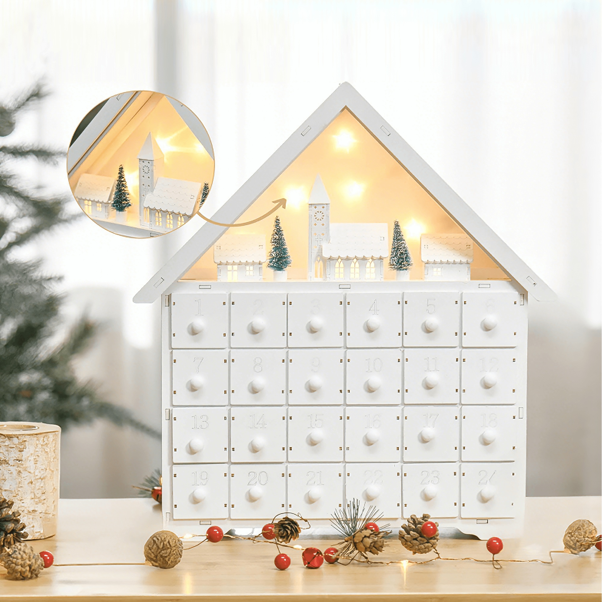 HOMCOM Calendário de Advento de Natal Madeira com 24 Gavetas e Luzes 
LED Decoração de Natal Modelo Casinha