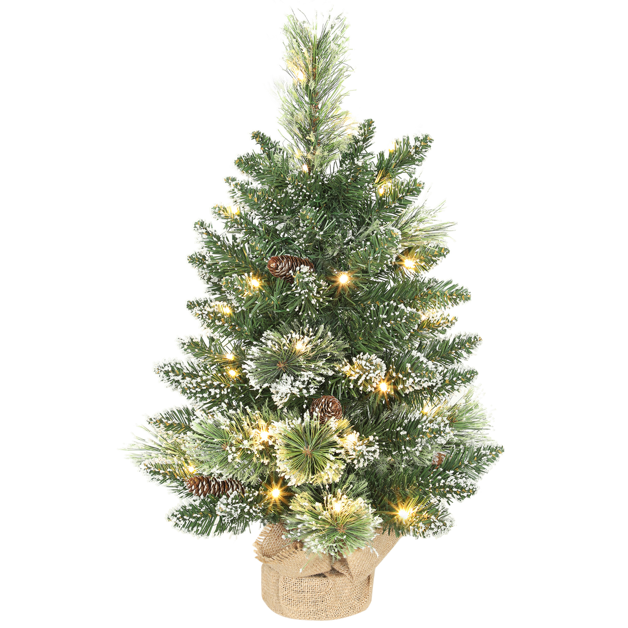 HOMCOM Mini Árvore de Natal Artificial com 35 Luzes LED 60 cm 64 Ramos com Neve Pinha Bagas e Base de Saco de Juta Ø41x60 cm Verde