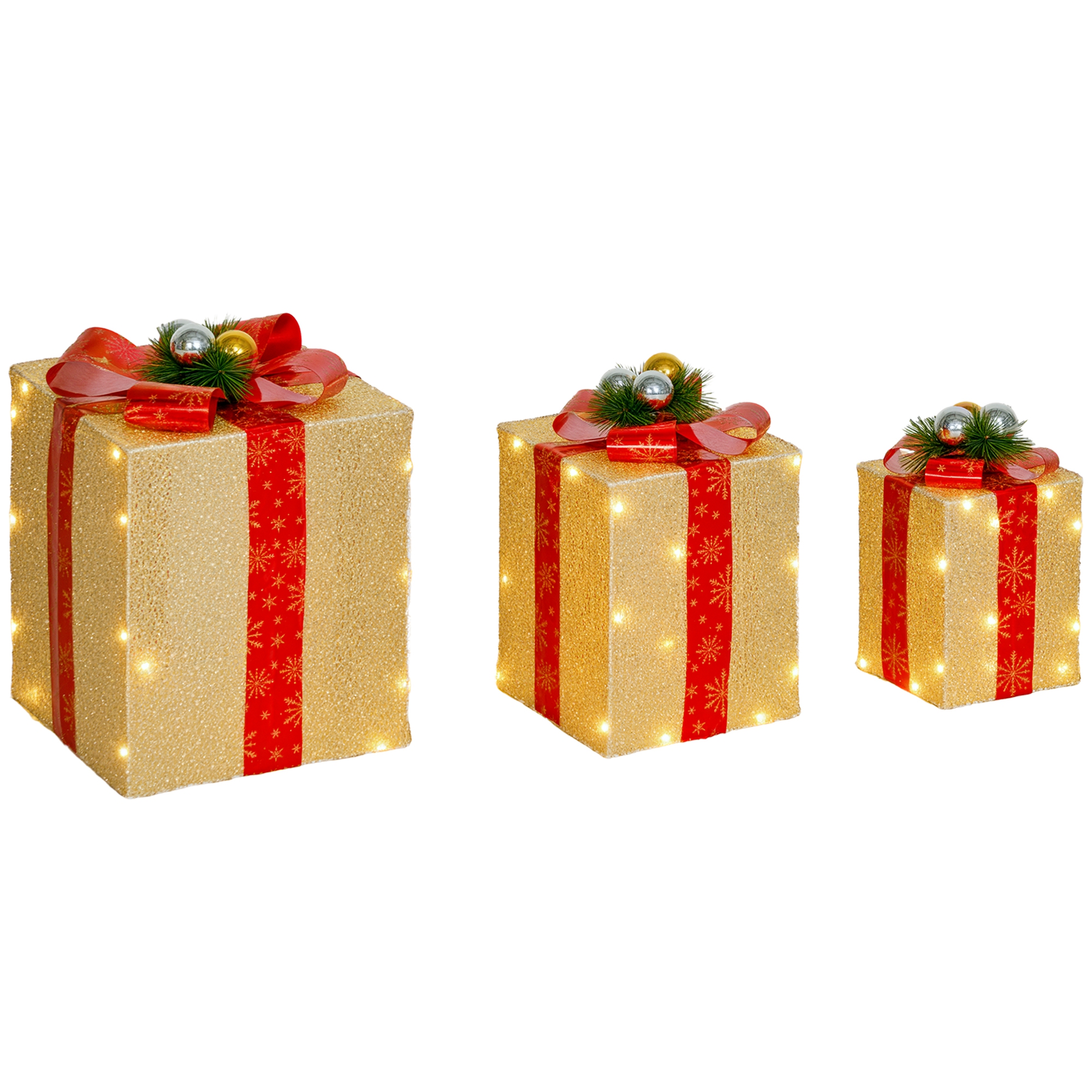 Outsunny Conjunto de 3 Caixas de Presente de Natal com 58 LEDs Branco Quente Enfeites Luminosos para a Árvore de Natal