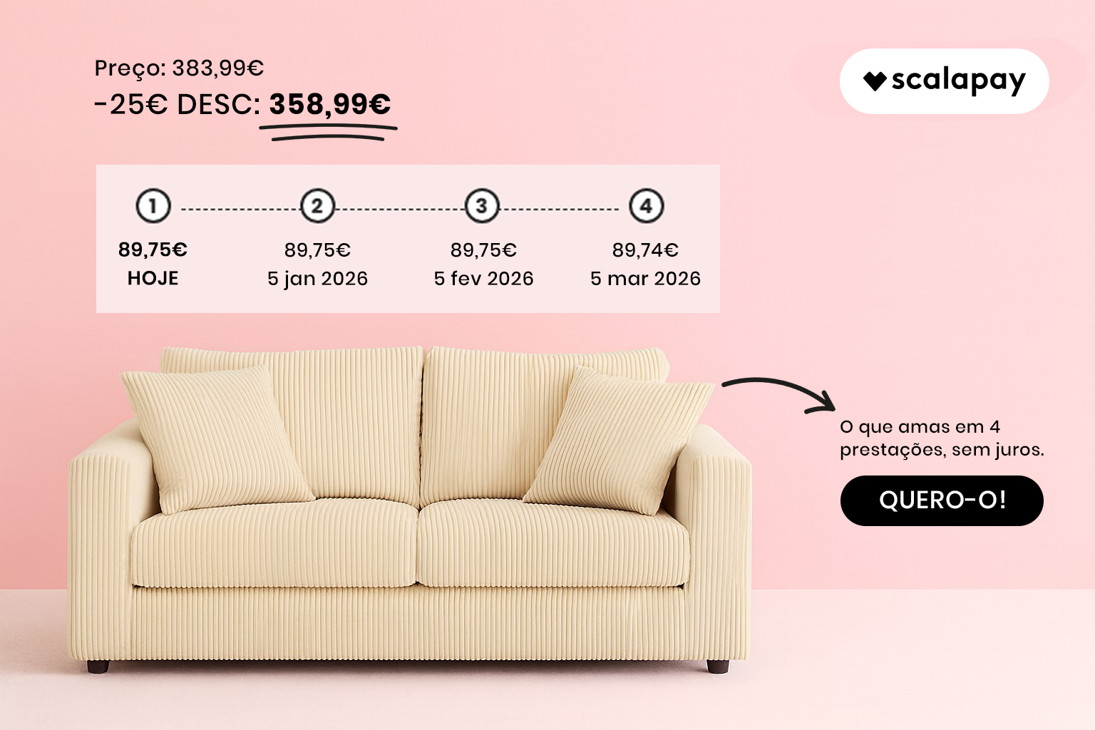 Sofá de 3 Lugares Estofado em Veludo Cotelê