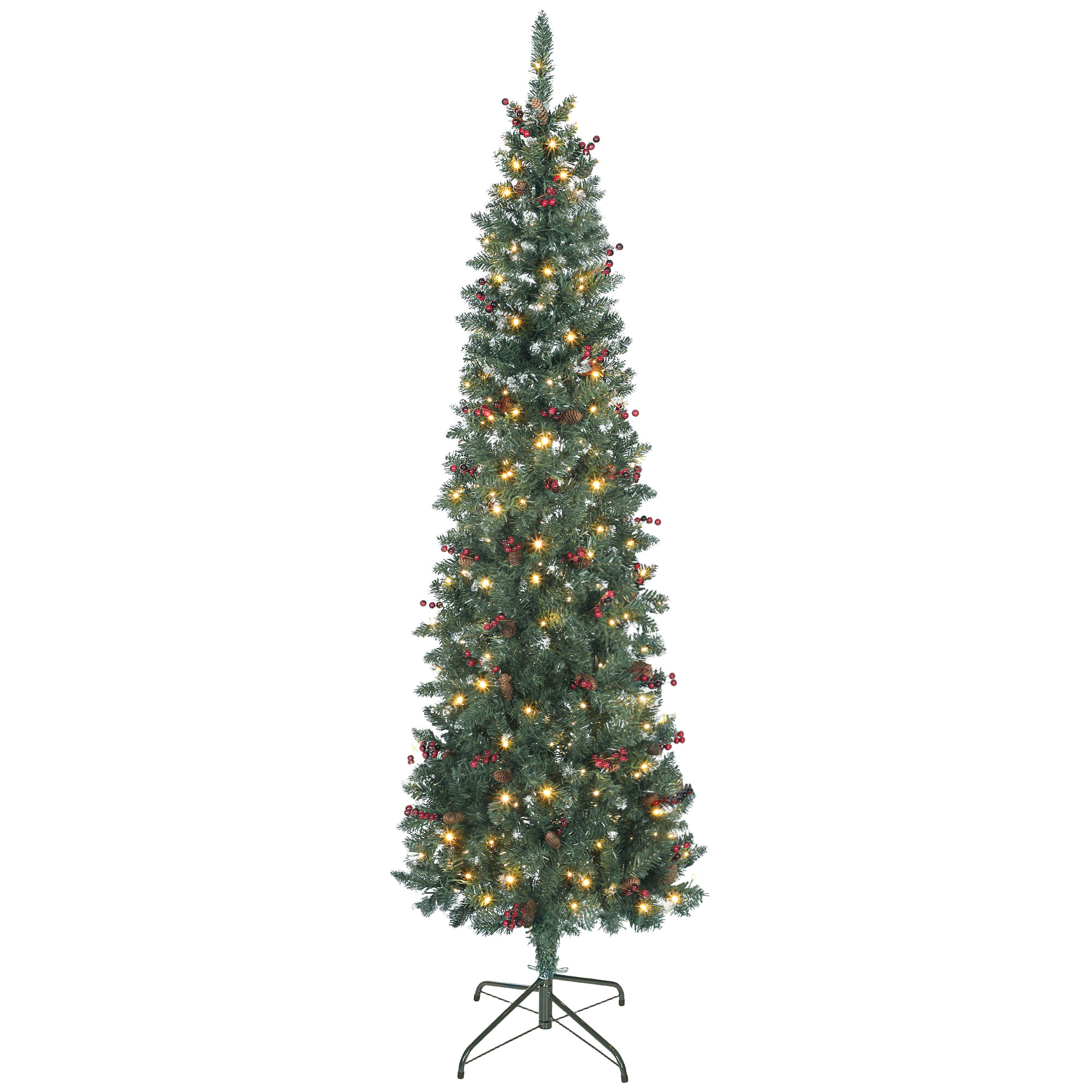 HOMCOM Árvore de Natal Slim 210 cm com Luzes LED 8 Modos de Iluminação 656 Ramos com Purpurina Prateada Pinhas e Bagas