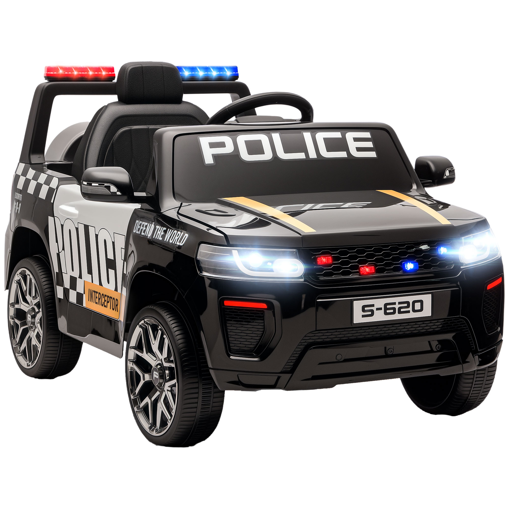 AIYAPLAY Carro Elétrico para Crianças de Polícia 12V com Motor Duplo Suspensão em 4 Rodas Sirene Faróis LED Porta USB Bluetooth e Música