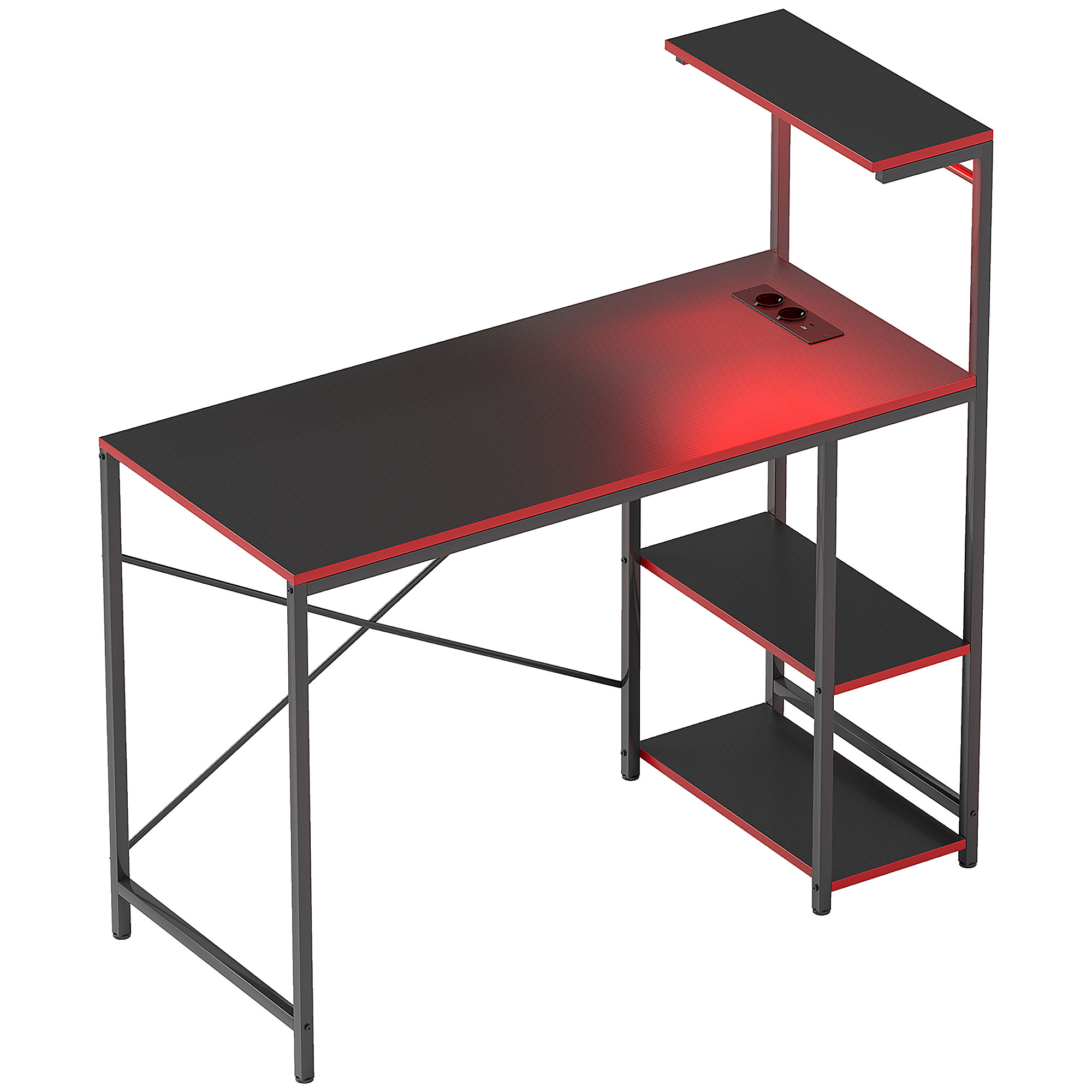 HOMCOM Secretária Gaming com Luzes LED 100x50 cm Secretária Gaming de Fibra de Carbono com Tomadas de Corrente e Controlo Remoto Preto