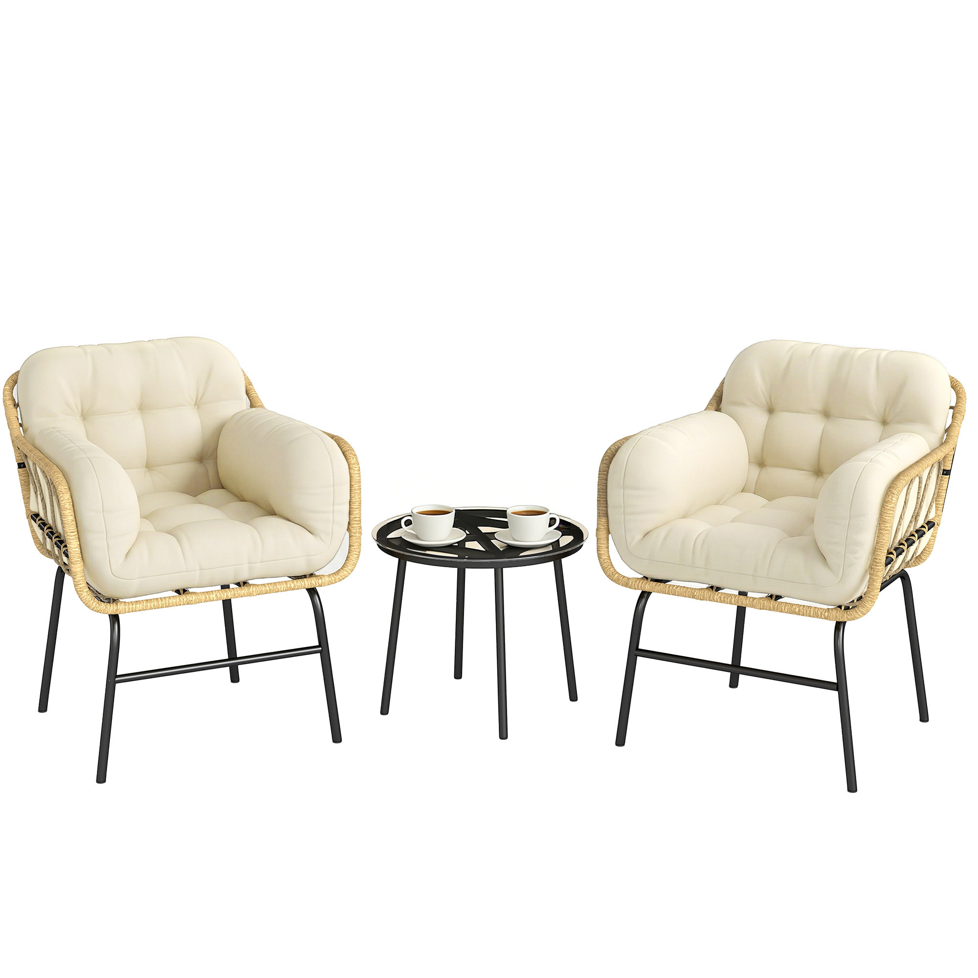Outsunny Conjunto de Jardim 3 Peças em Vime PE com 2 Cadeiras com Almofadas e Mesa com Vidro Temperado Caqui