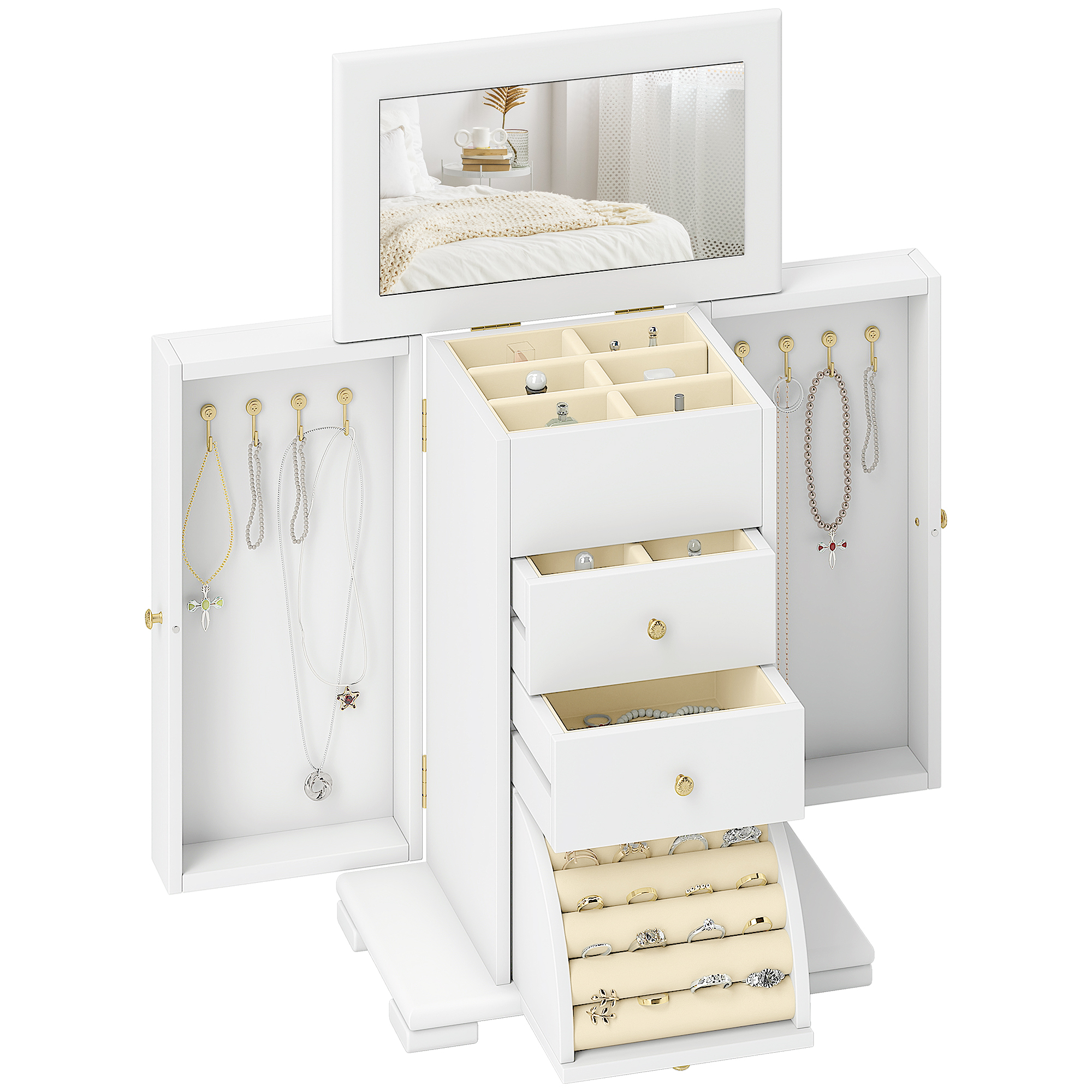 HOMCOM Organizador de Joias de 4 Níveis com 2 Gavetas, Espelho e Portas Laterais 26,5x16x33,5 cm Branco e Dourado