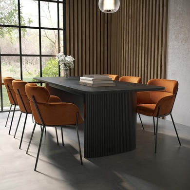 Large Rectangular Black Oak Extendable Dining Table Set with 6 Burnt Orange Velvet Chairs - Seats 6 - Jarel