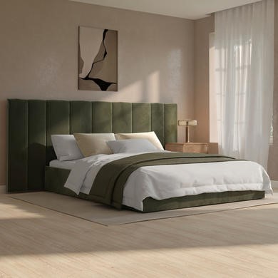 Olive Green Velvet King Size Ottoman Bed with Wide Headboard - Iman