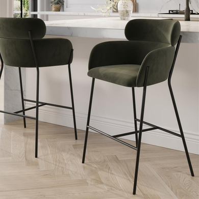 Green Velvet Curved Kitchen Stool with Back - Isla
