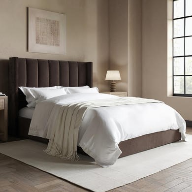 Chocolate Brown Velvet King Size Ottoman Bed With Winged Headboard - Maddox