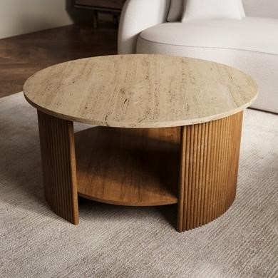 Large Round Mango Wood Coffee Table with Storage - Ivan
