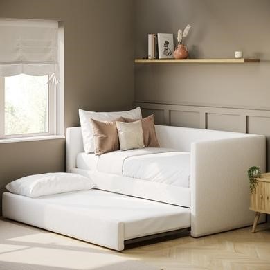 Single Day Bed with Pull Out Trundle in Cream Fabric - Amie