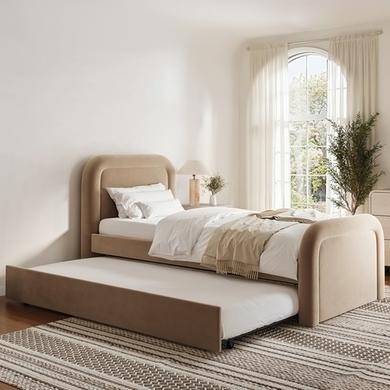 Beige Velvet Single Guest Bed with Trundle and Curved Headboard - Naomi