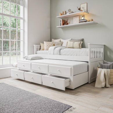 Single White Wooden Guest Bed with 3 Drawers and Trundle - Oxford