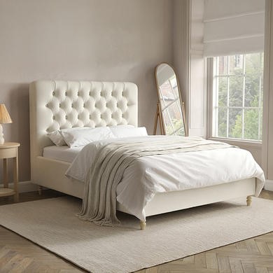 Cream Upholstered Chesterfield Double Ottoman Bed with Legs- Pippa