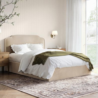 Beige Velvet Double Ottoman Bed with Scalloped Headboard - Siena