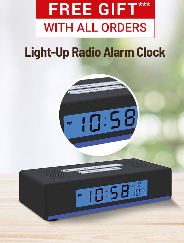 Free light-up radio alarm clock with all orders***
