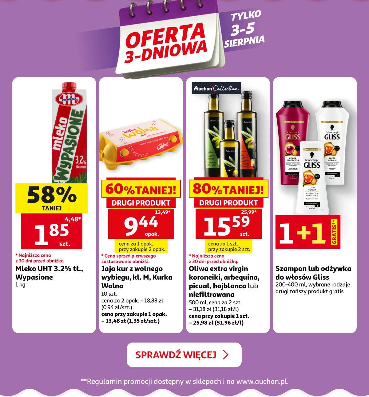 Oferta 3-dniowa tylko 3-5 sierpnia. Mleko, jaja, oliwa i szampon lub odżywka