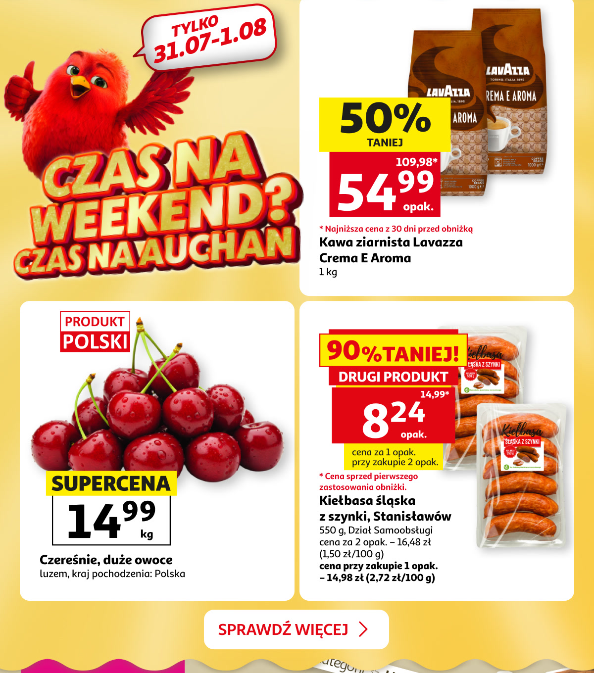 Czas na weekend? Czas na Auchan. Kawa Lavazza, czereśnie i kiełbasa śląska