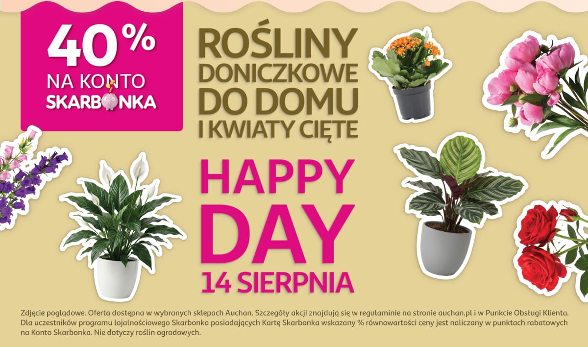 40% na konto Skarbonka na rośliny doniczkowe do domu i kwiaty cięte. Happy Day 14 sierpnia