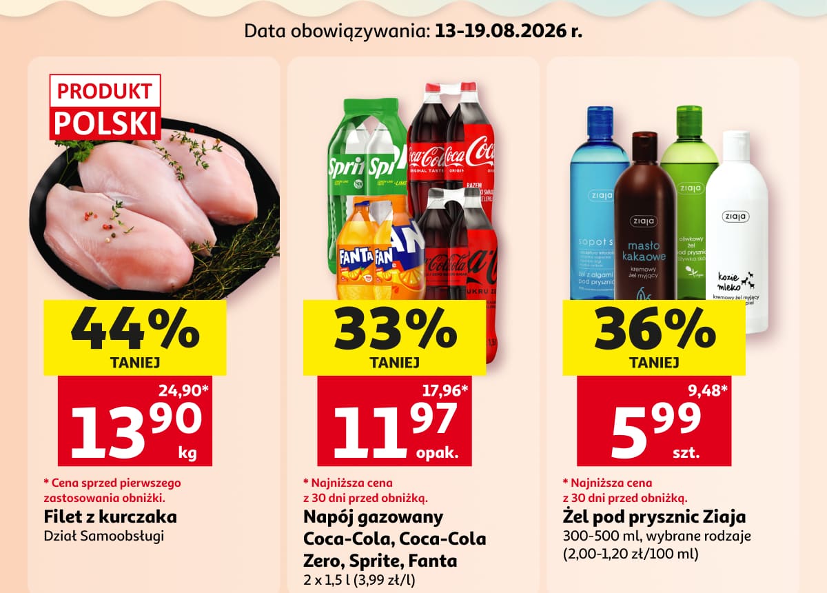 Filet z kurczaka, napoje gazowane i żele pod prysznic Ziaja