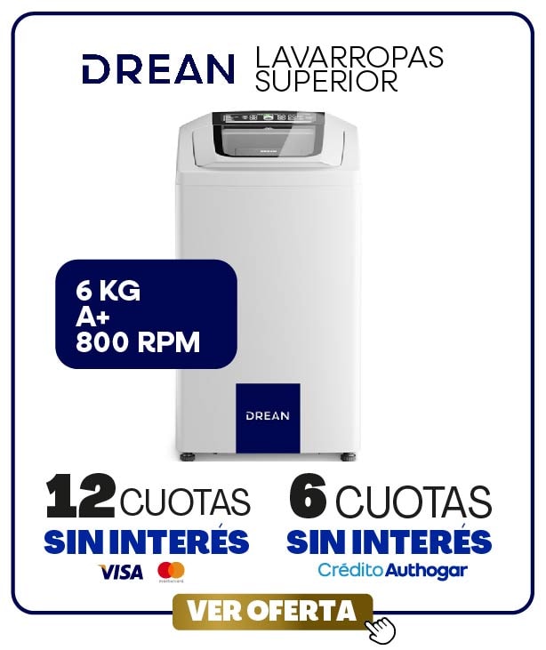 DREAN LAVARROPAS SUPERIOR 6 KG A+ 800 RPM 12 CUOTAS SIN INTERÉS 6 CUOTAS SIN INTERÉS VER OFERTA
