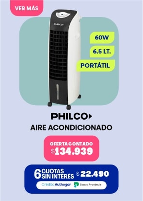 PHILCO AIRE ACONDICIONADO OFERTA CONTADO $134,939 6 CUOTAS SIN INTERÉS $22.490 60W 6.5 LT. PORTÁTIL