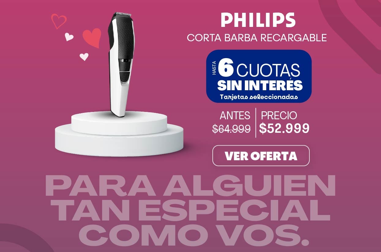 PHILIPS CORTA BARBA RECARGABLE HASTA 6 CUOTAS SIN INTERÉS Tarjetas seleccionadas ANTES $64.999 PRECIO $52.999 VER OFERTA PARA ALGUIEN TAN ESPECIAL COMO VOS.