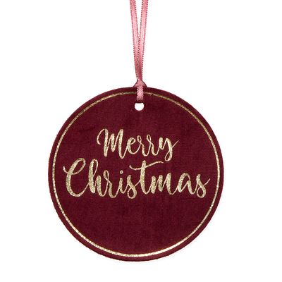 Label "Merry Christmas" Wijnrood Fluweel Ø 10cm Met Gouden Opdruk 3 Stuks